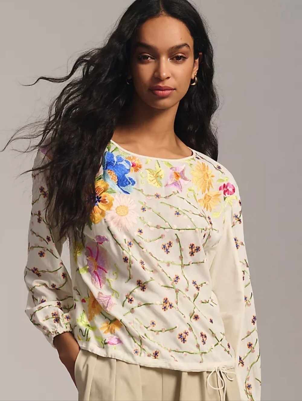 Anthropologie TINY Lorie Embroidered Floral Long-Sleeve Top - Ivory